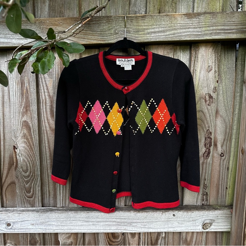 Jack B.Quick Black & Multicolored Argyle Cardigan Sweater Size PP